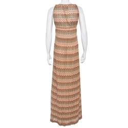 Pre Owned M Missoni Brown Metallic Crochet Knit Halter Neck Maxi Dress L