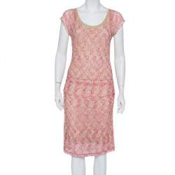 Missoni Pink & Beige Knit Ruched Sleeveless Midi Dress M