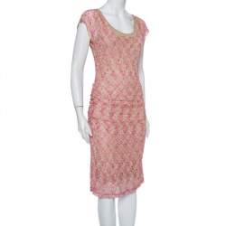 Missoni Pink & Beige Knit Ruched Sleeveless Midi Dress M