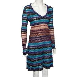 Pre Owned Missoni Multicolored Perforated Wool Knit Long Sleeve Flared Dress M
