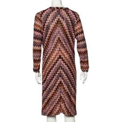 Pre Owned Missoni Brown Zigzag Pattern Knit Button Front Long Cardigan M