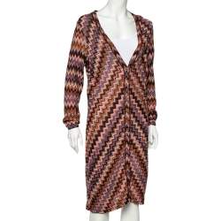 Pre Owned Missoni Brown Zigzag Pattern Knit Button Front Long Cardigan M