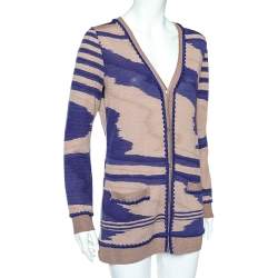 Pre Owned Missoni Beige & Navy Blue Patterned Wool Knit Button Front Cardigan L