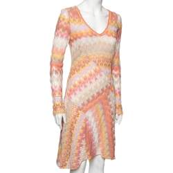 Pre Owned Missoni Multicolor Textured Cotton Long Sleeve Midi Dress M