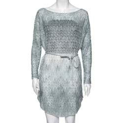 Pre Owned Missoni Blue & Grey Patterned Lurex Crochet-Knit Belted Tunic L