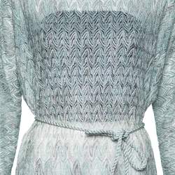 Pre Owned Missoni Blue & Grey Patterned Lurex Crochet-Knit Belted Tunic L
