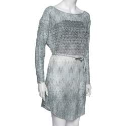 Pre Owned Missoni Blue & Grey Patterned Lurex Crochet-Knit Belted Tunic L