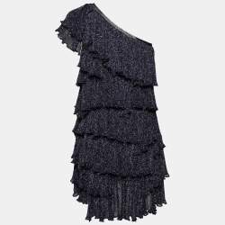 Pre Owned Missoni Navy Blue Lurex Knit Tiered One-Shoulder Short Dress M