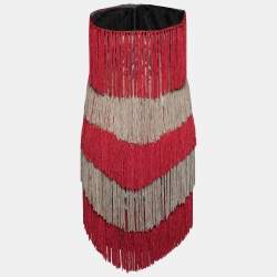 Pre Owned Missoni Green & Red Fringed Knit Strapless Short Dress M