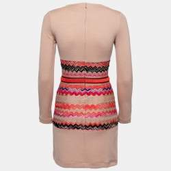 Pre Owned Missoni Beige Patterned Inset Knit Long Sleeve Dress S