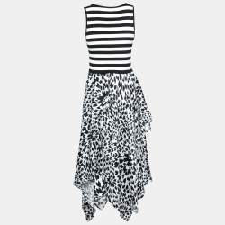 Pre Owned Missoni Monochrome Stripe and Floral Printed Knit Flared Dress S
