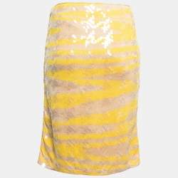 Pre Owned Missoni Beige & Yellow Striped Print Silk Knit Skirt S