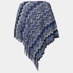 Pre Owned Missoni Blue Crochet Knit Fringed Poncho ( One Size )
