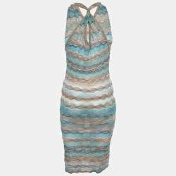 Pre Owned Missoni Blue Patterned Perforated-Knit Mini Dress S