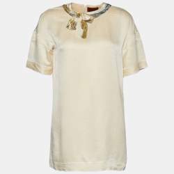 Pre Owned Missoni Cream Patterned Silk Sequin Bow Detail Top S