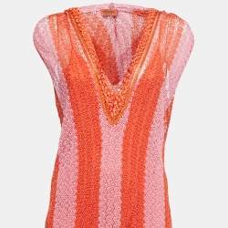 Pre Owned Missoni Orange Patterned Crochet Knit Sleeveless Hooded Maxi Dress L