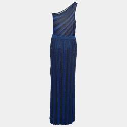 Pre Owned Missoni Navy Blue Striped Lurex Knit One Shoulder Maxi Dress L