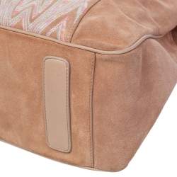 Pre Owned Missoni Beige Embroidered Suede And Leather Top Handle Bag