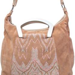 Pre Owned Missoni Beige Embroidered Suede And Leather Top Handle Bag