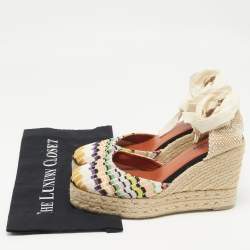 Pre Owned Missoni Multicolor Canvas and Knit Fabric Wedge Platform Espadrille Ankle Wrap Sandals Size 40