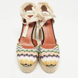 Pre Owned Missoni Multicolor Canvas and Knit Fabric Wedge Platform Espadrille Ankle Wrap Sandals Size 40