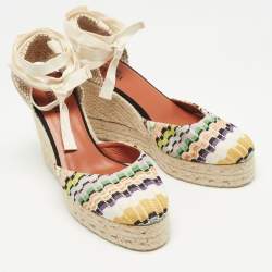 Pre Owned Missoni Multicolor Canvas and Knit Fabric Wedge Platform Espadrille Ankle Wrap Sandals Size 40