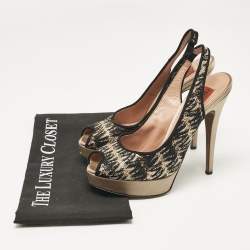 Missoni Black/Grey Lace and Satin Peep Toe Platform Slingback Pumps Size 38