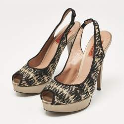 Missoni Black/Grey Lace and Satin Peep Toe Platform Slingback Pumps Size 38