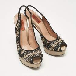 Missoni Black/Grey Lace and Satin Peep Toe Platform Slingback Pumps Size 38