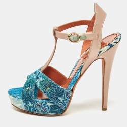 Missoni Blue/Brown Knit Fabric and Leather T-Strap Platform Sandals Size 39