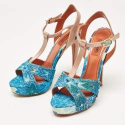 Missoni Blue/Brown Knit Fabric and Leather T-Strap Platform Sandals Size 39