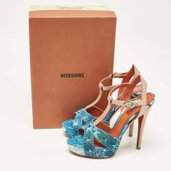 Missoni Blue/Brown Knit Fabric and Leather T-Strap Platform Sandals Size 39