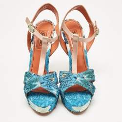 Missoni Blue/Brown Knit Fabric and Leather T-Strap Platform Sandals Size 39