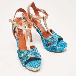 Missoni Blue/Brown Knit Fabric and Leather T-Strap Platform Sandals Size 39