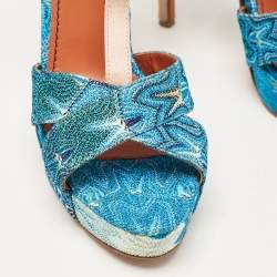 Missoni Blue/Brown Knit Fabric and Leather T-Strap Platform Sandals Size 39