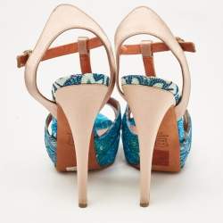 Missoni Blue/Brown Knit Fabric and Leather T-Strap Platform Sandals Size 39