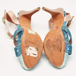 Missoni Blue/Brown Knit Fabric and Leather T-Strap Platform Sandals Size 39