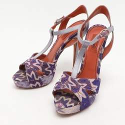 Missoni Grey/Purple Knit Fabric and Leather T-Strap Platform Sandals Size 40