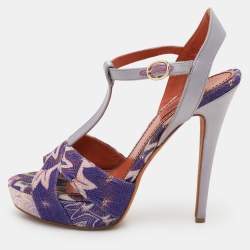 Missoni Grey/Purple Knit Fabric and Leather T-Strap Platform Sandals Size 40