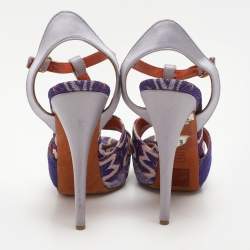Missoni Grey/Purple Knit Fabric and Leather T-Strap Platform Sandals Size 40