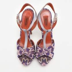 Missoni Grey/Purple Knit Fabric and Leather T-Strap Platform Sandals Size 40