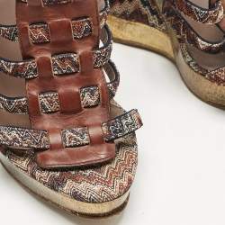 Missoni Multicolor Zigzag Print Fabric and Leather Wedge Ankle Strap Sandals Size 37