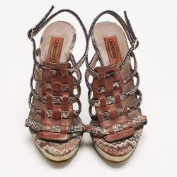 Missoni Multicolor Zigzag Print Fabric and Leather Wedge Ankle Strap Sandals Size 37