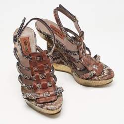 Missoni Multicolor Zigzag Print Fabric and Leather Wedge Ankle Strap Sandals Size 37