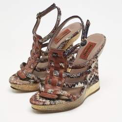 Missoni Multicolor Zigzag Print Fabric and Leather Wedge Ankle Strap Sandals Size 37