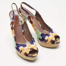 Pre Owned Missoni Multicolor Knit Fabric Platform Peep Toe Slingback Sandals Size 39