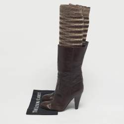 Pre Owned Missoni Brown Leather and Knit Fabric Knee High Boots Size 37.5