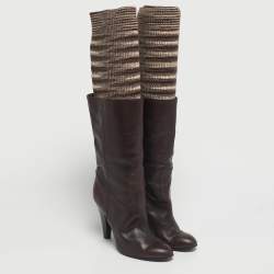 Pre Owned Missoni Brown Leather and Knit Fabric Knee High Boots Size 37.5