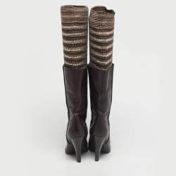 Pre Owned Missoni Brown Leather and Knit Fabric Knee High Boots Size 37.5