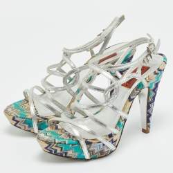 مملوكة مسبقًا صندل ميزوني قماش رمادي/أرجواني وجلد بحزام على شكل T نعل سميك مقاس 40